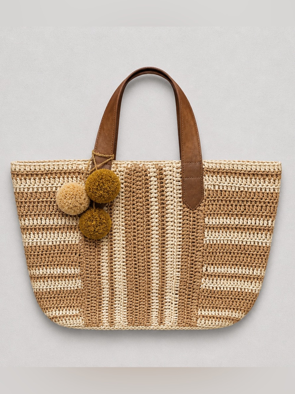 Straw Studios Woven Two Tone Pom Pom Tote Bag Purse Snap Closure Beachy Summer